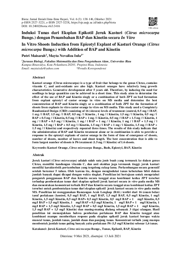 (PDF) Induksi Tunas dari Eksplan Epikotil Jeruk Kasturi (Citrus