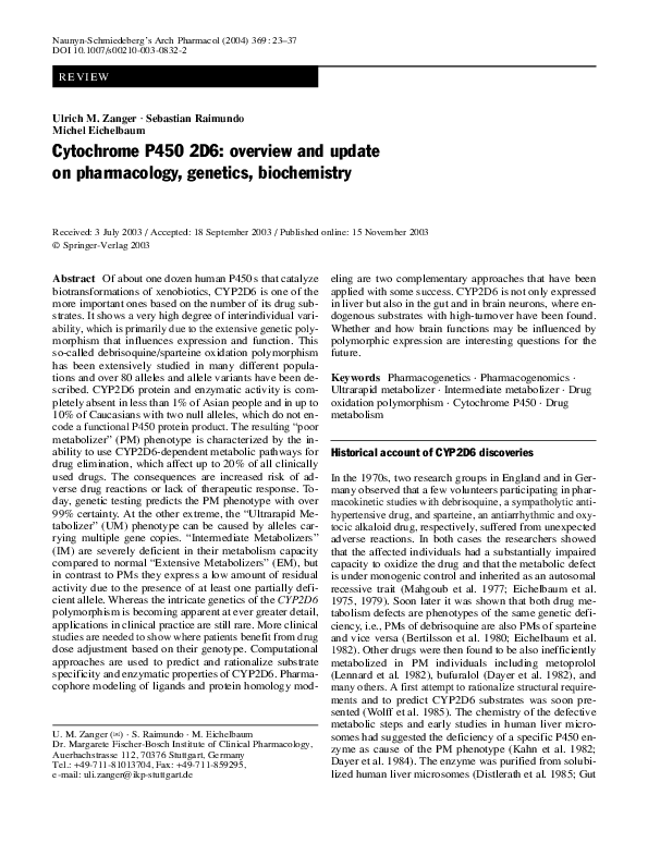 (PDF) Cytochrome P450 2D6: overview and update on pharmacology ...
