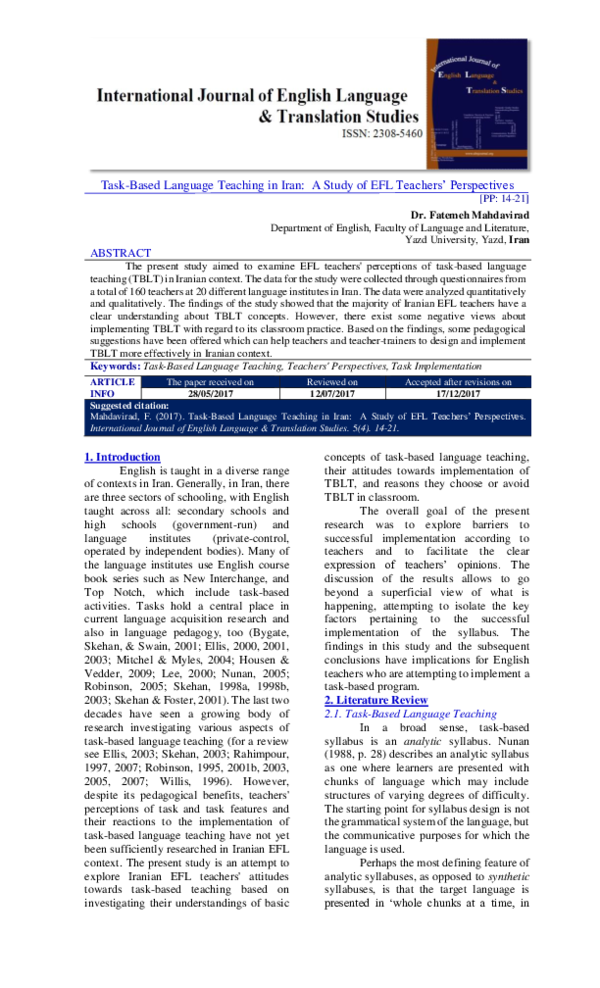 (PDF) Task-Based Language Teaching in Iran: A Study of EFL Teachers ...