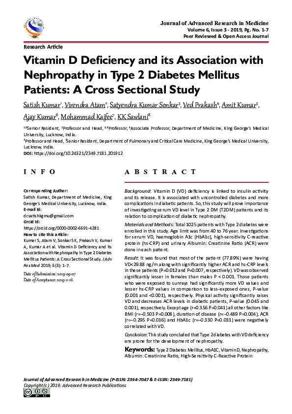 (PDF) Vitamin D Deficiency and its Association with Nephropathy in Type ...