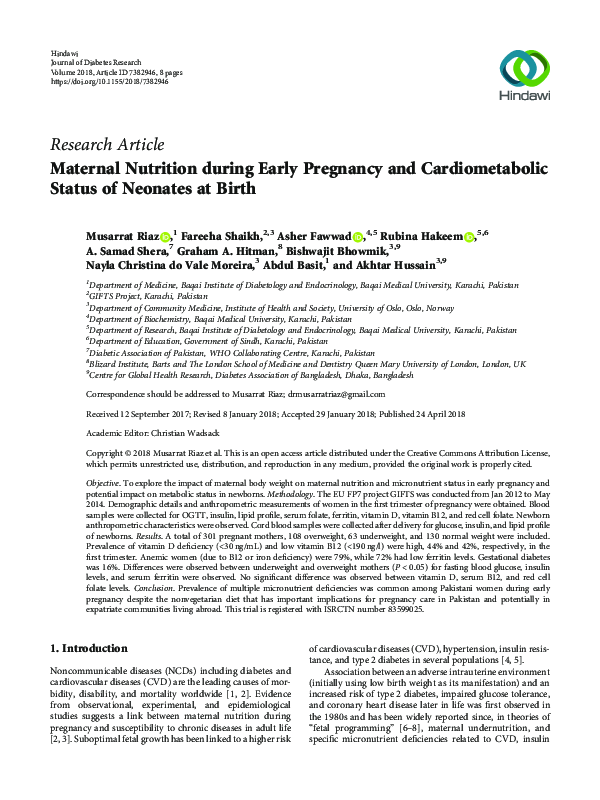 (PDF) Maternal Nutrition during Early Pregnancy and Cardiometabolic ...