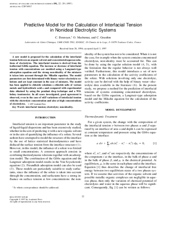 (PDF) Predictive Model for the Calculation of Interfacial Tension in