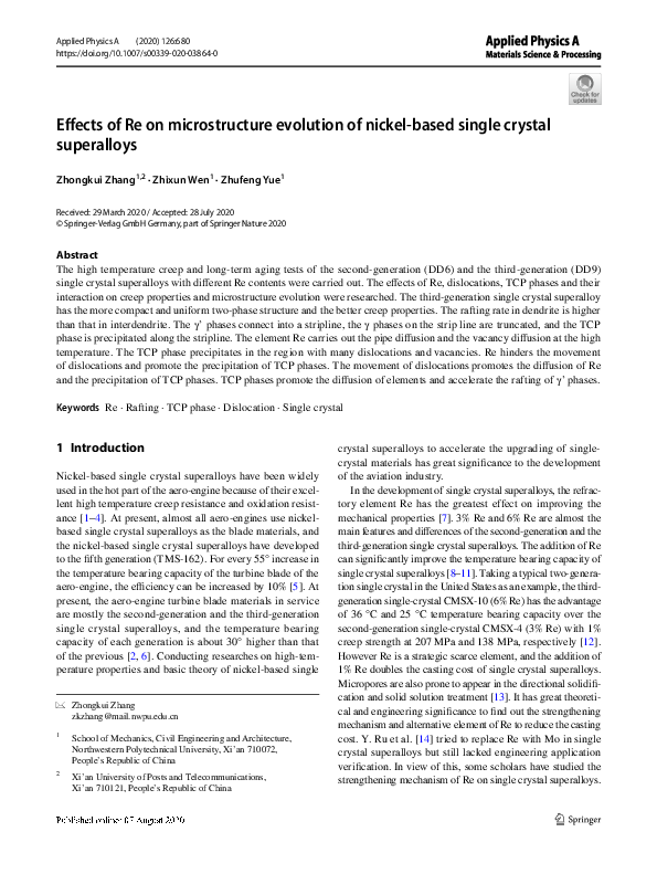 (PDF) Effects of Re on microstructure evolution of nickel-based single ...