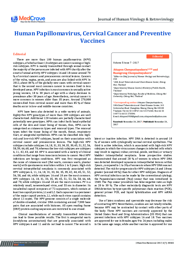 (PDF) Human Papillomavirus, Cervical Cancer and Preventive Vaccines