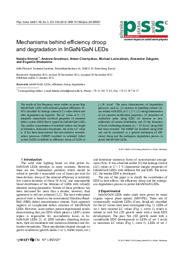 (PDF) Mechanisms behind efficiency droop and degradation in InGaN/GaN LEDs