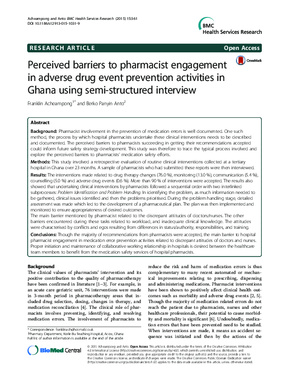 (PDF) Perceived barriers to pharmacist engagement in adverse drug event ...