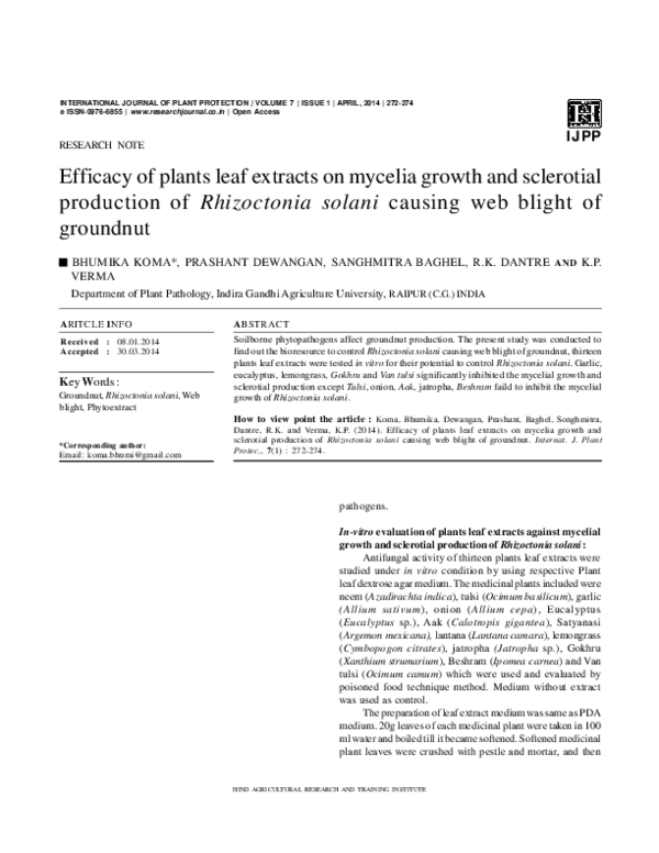 (PDF) Efficacy of plants leaf extracts on mycelia growth and sclerotial ...