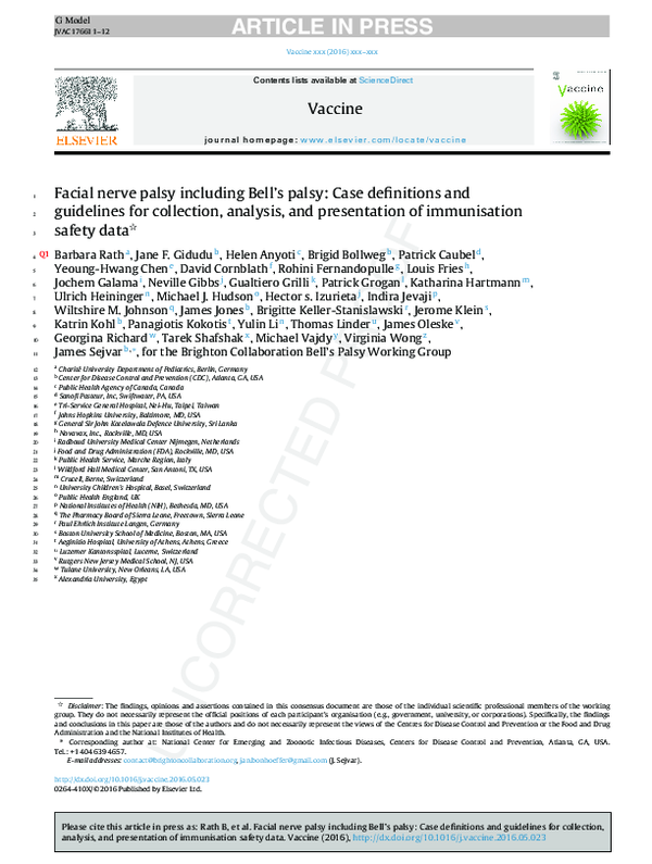 (PDF) Facial nerve palsy including Bell's palsy: Case definitions and ...