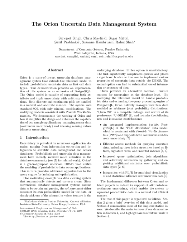 (PDF) The orion uncertain data management system