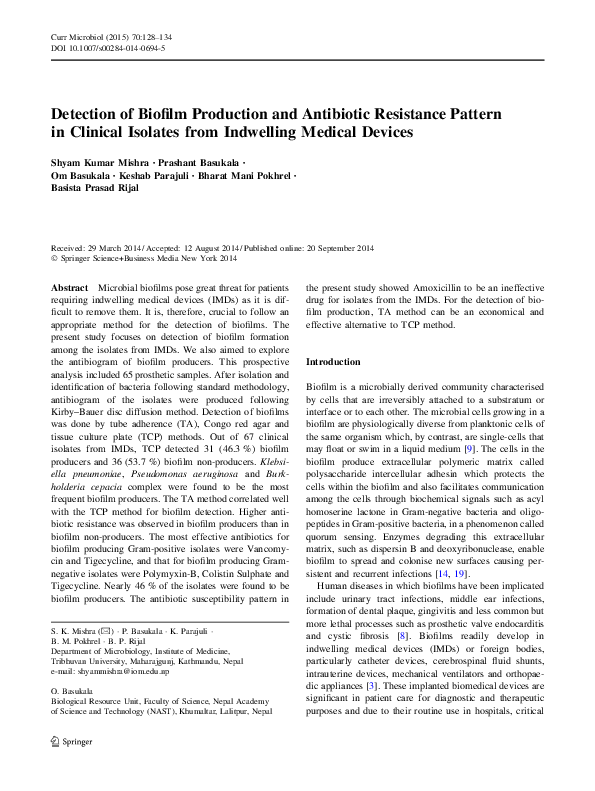 (PDF) Detection of Biofilm Production and Antibiotic Resistance Pattern ...