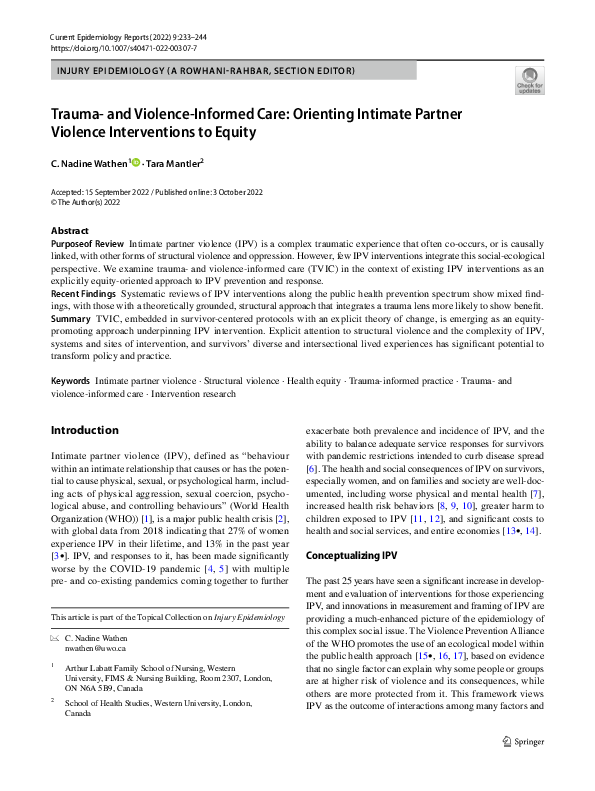 (PDF) Trauma- and Violence-Informed Care: Orienting Intimate Partner ...