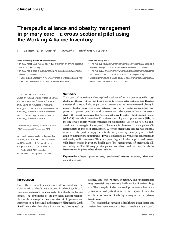(PDF) Therapeutic alliance and obesity management in primary care - a ...