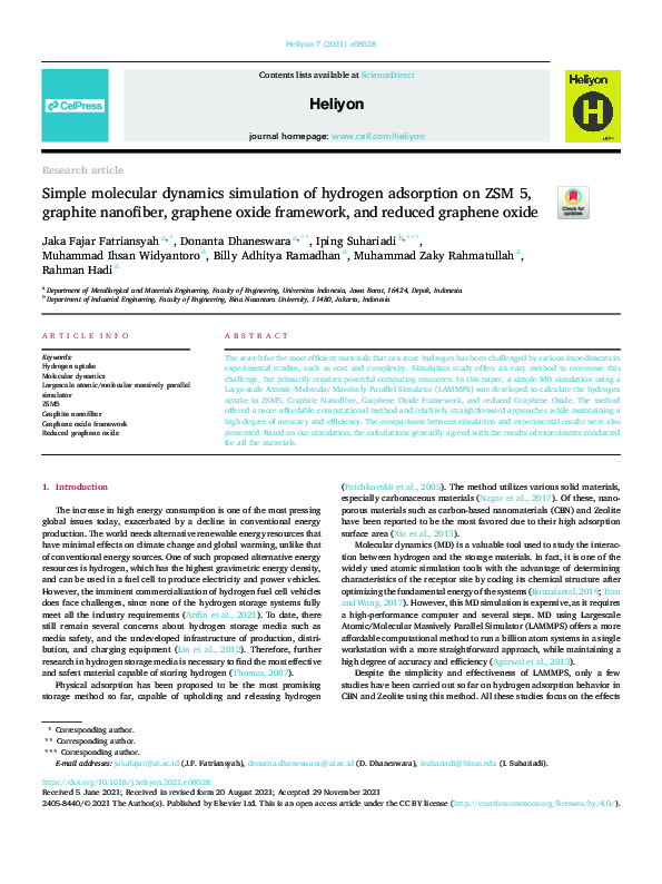 (PDF) Simple molecular dynamics simulation of hydrogen adsorption on ...
