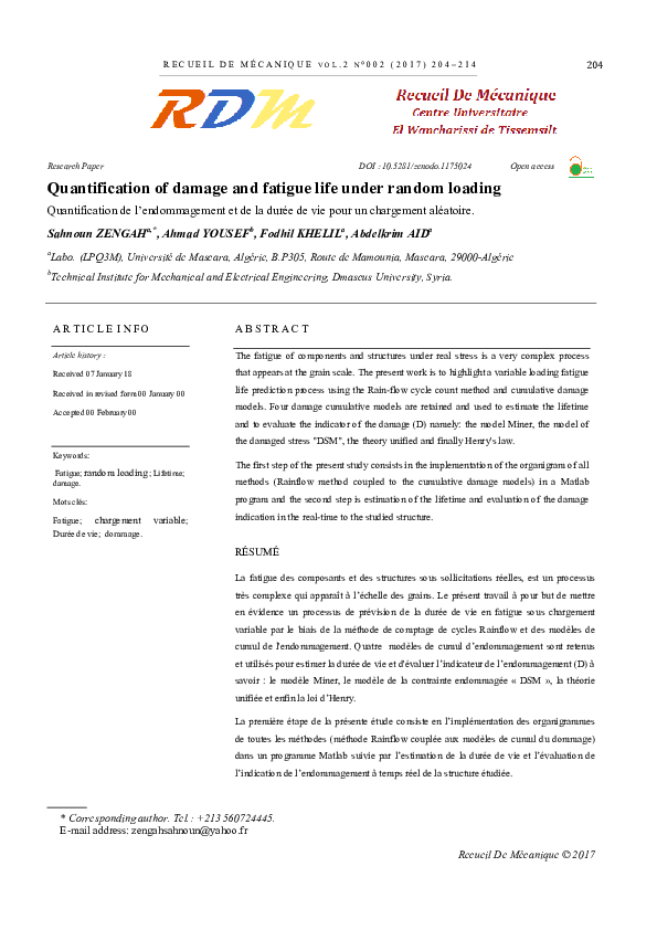 (PDF) Quantification Of Damage And Fatigue Life Under Random Loading ...