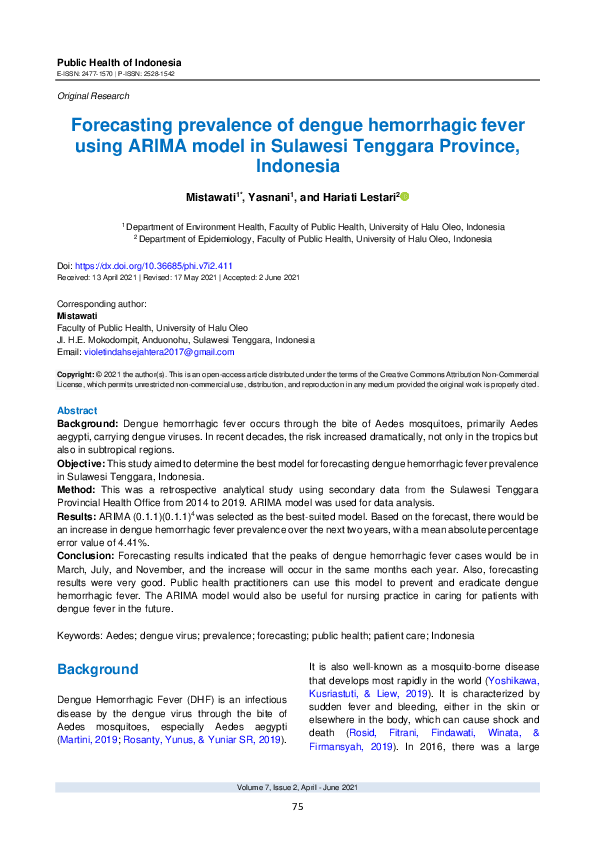 (PDF) Forecasting prevalence of dengue hemorrhagic fever using ARIMA ...