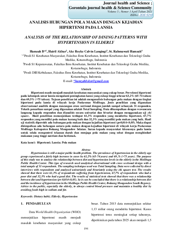 Pdf Analisis Hubungan Pola Makan Dengan Kejadian Hipertensi Pada Lansia