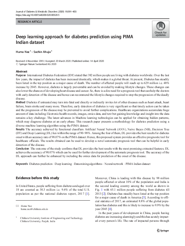 (PDF) Deep learning approach for diabetes prediction using PIMA Indian ...