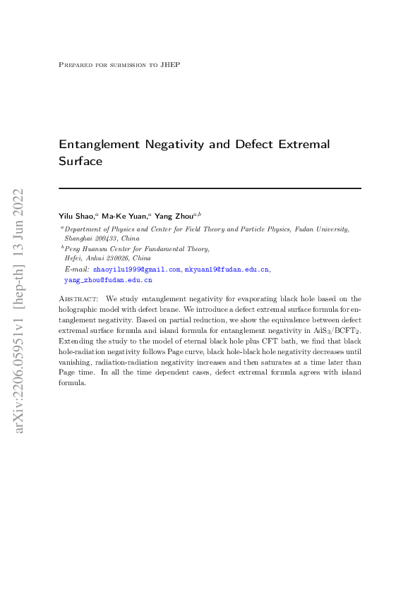 (PDF) Entanglement Negativity and Defect Extremal Surface