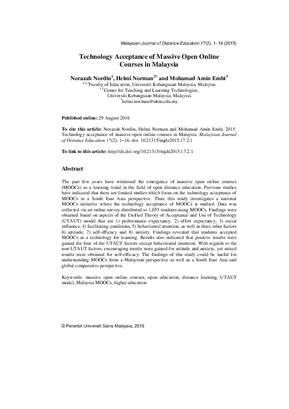 (PDF) Technology Acceptance of Massive Open Online Courses in Malaysia