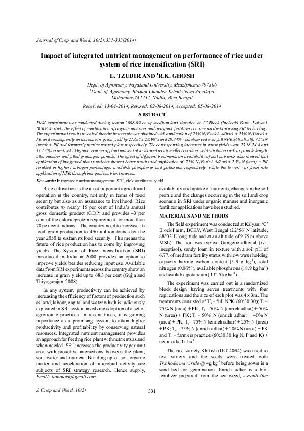 (PDF) Impact of integrated nutrient management on performance of rice ...