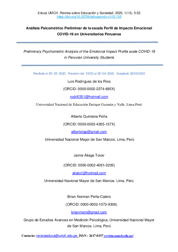 Análisis Psicométrico Preliminar De La Escala Perfil De Impacto Emocional COVID-19 en Universitarios Peruanos