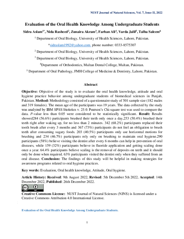 (PDF) Evaluation of the Oral Health Knowledge Among Undergraduate Students