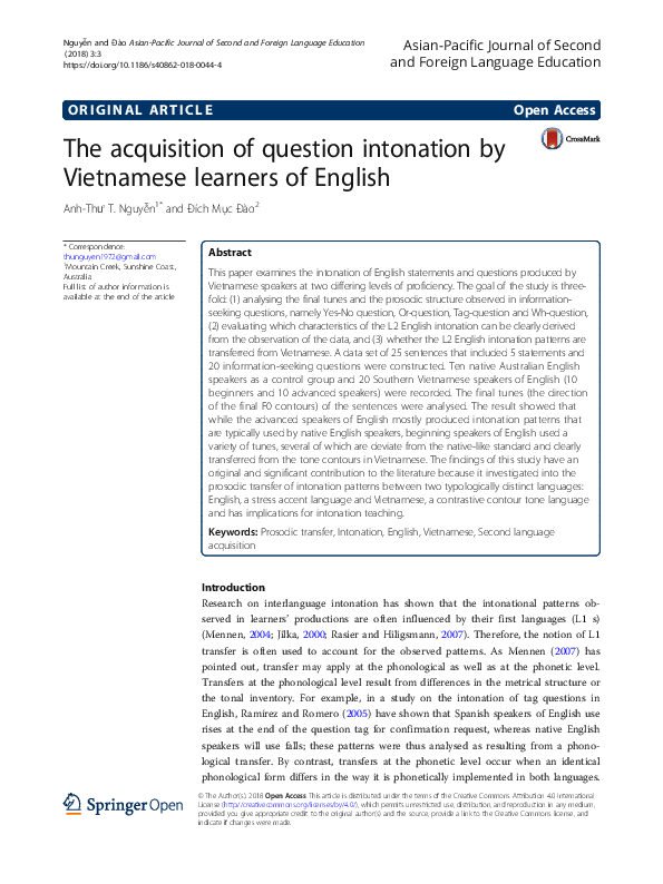 (PDF) The acquisition of question intonation by Vietnamese learners of ...