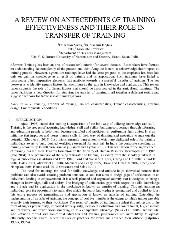 (DOC) A REVIEW ON ANTECEDENTS OF TRAINING EFFECTIVENESS AND THEIR ROLE ...