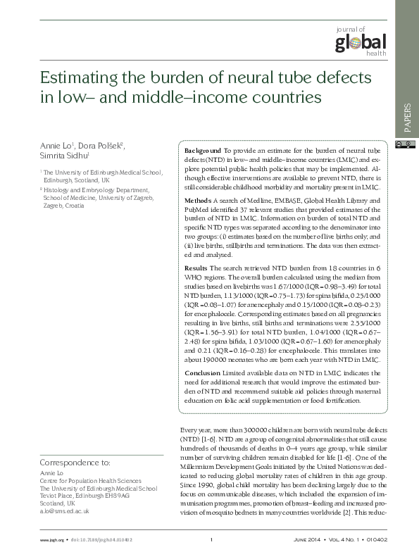 (PDF) Estimating the burden of neural tube defects in low– and middle ...