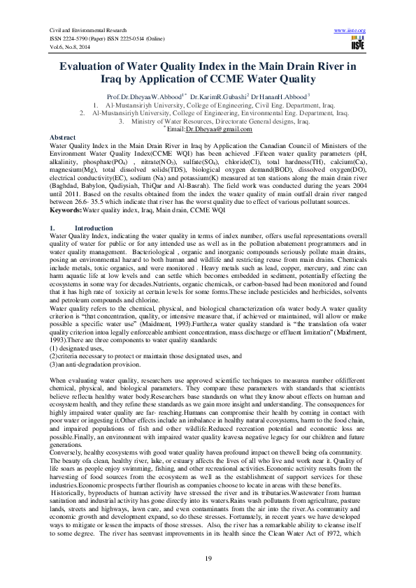 (PDF) Evaluation of Water Quality Index in the Main Drain River in Iraq ...