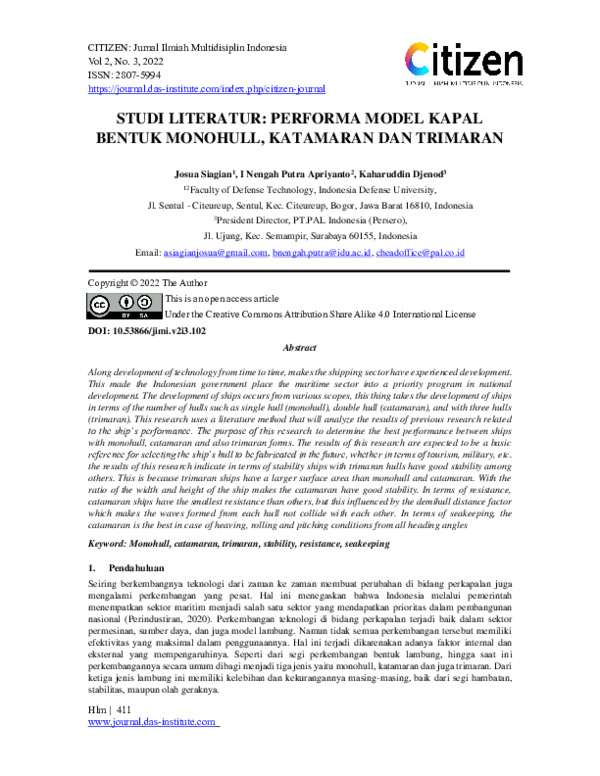 (PDF) Studi Literatur: Performa Model Kapal Bentuk Monohull, Katamaran ...