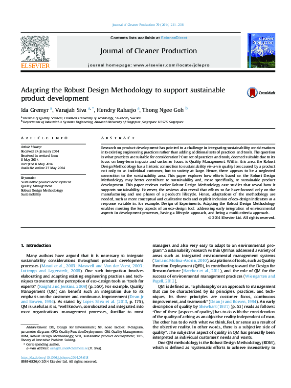 (PDF) Adapting the Robust Design Methodology to support sustainable ...