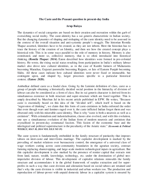 (PDF) The Caste and the Peasant question in presentday India Arup
