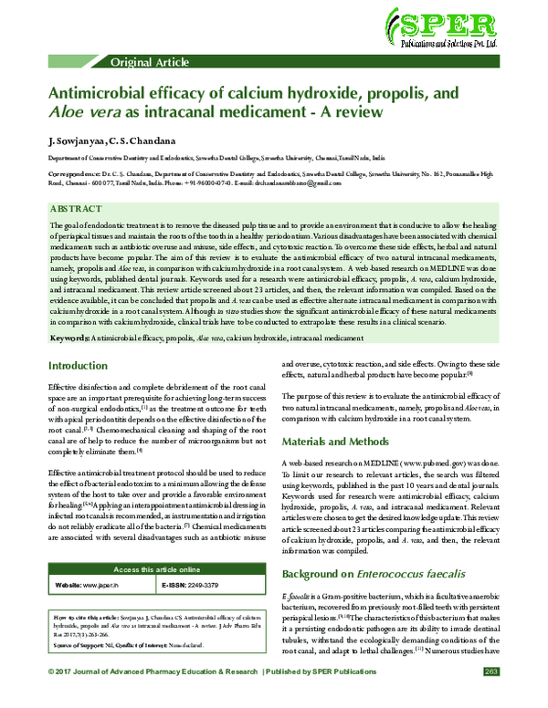 (PDF) Antimicrobial efficacy of calcium hydroxide , propolis , and Aloe ...