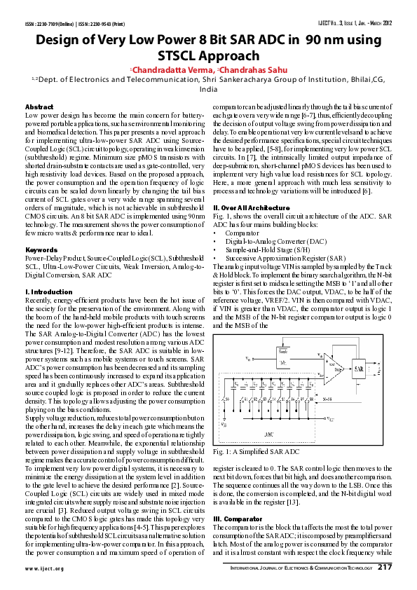 (PDF) Design of Very Low Power 8 Bit SAR ADC in 90 nm using STSCL Approach