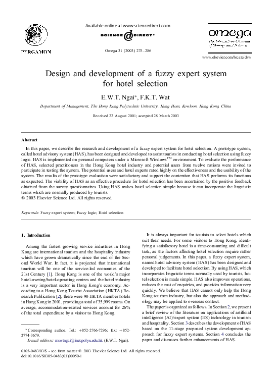 (PDF) Design and development of a fuzzy expert system for hotel selection