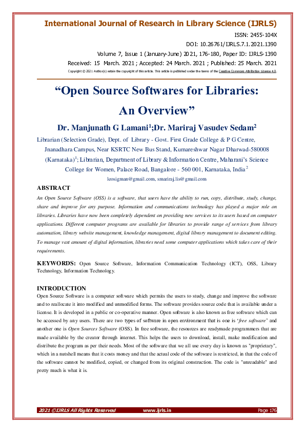 (PDF) Open Source Softwares for Libraries: An Overview