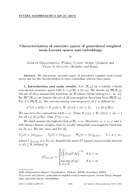 First page of “Characterization of associate spaces of generalized weighted weak-Lorentz spaces and embeddings”