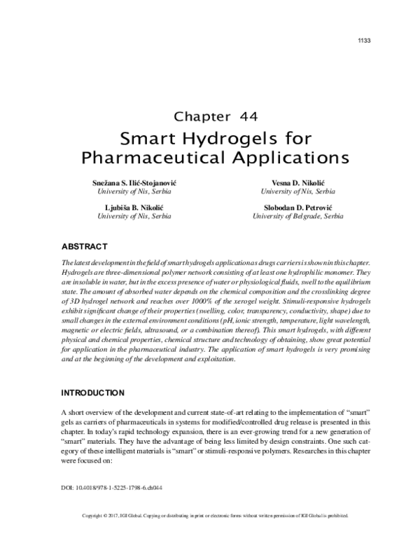 (PDF) Smart Hydrogels for Pharmaceutical Applications
