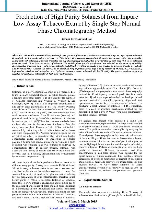 (PDF) Production of High Purity Solanesol from Impure Low Assay Tobacco ...