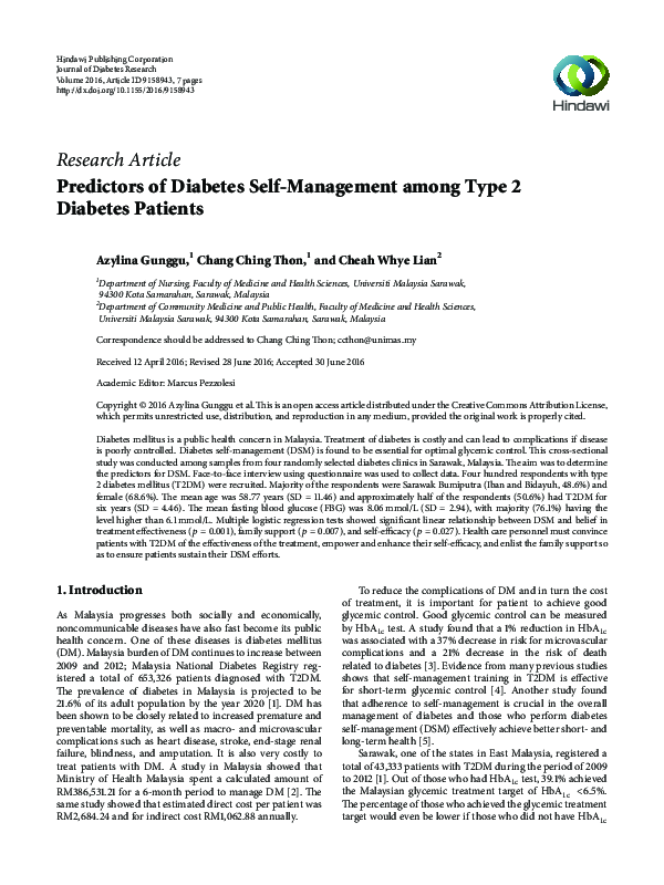 (PDF) Predictors of Diabetes Self-Management among Type 2 Diabetes Patients