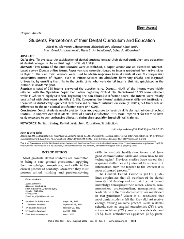 (PDF) Students’ Perceptions of their Dental Curriculum and Education