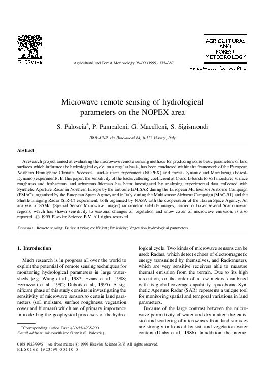 (PDF) Microwave remote sensing of hydrological parameters on the NOPEX area
