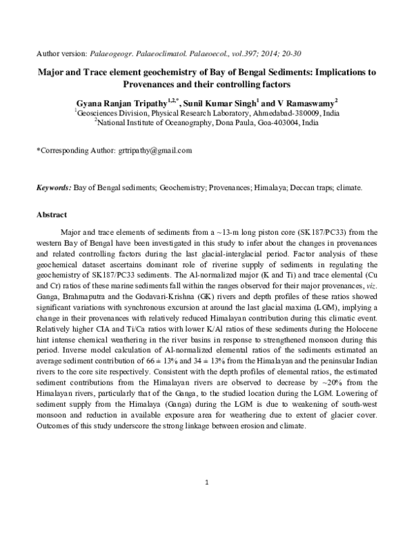 (PDF) Major and trace element geochemistry of Bay of Bengal sediments ...