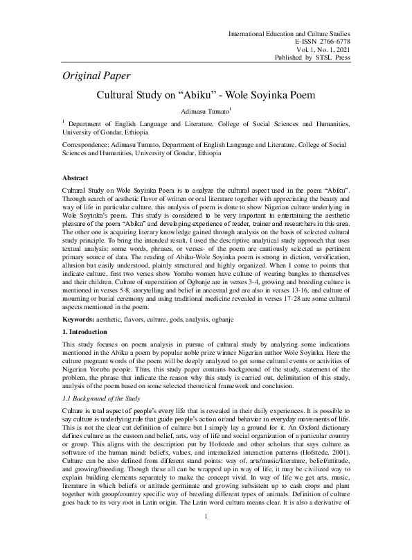 (PDF) Cultural Study on "Abiku" Wole Soyinka Poem Adimasu Tumato