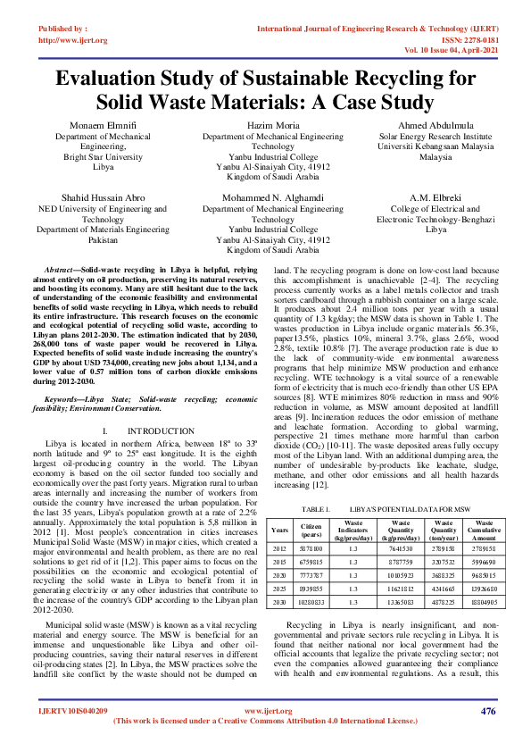 (PDF) Evaluation Study of Sustainable Recycling for Solid Waste ...